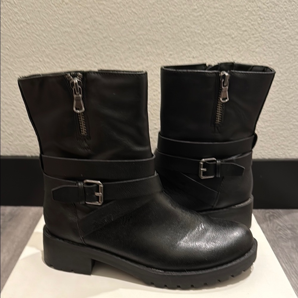 Sun + Stone Black Combat Moto Boots with Buckle Accents
